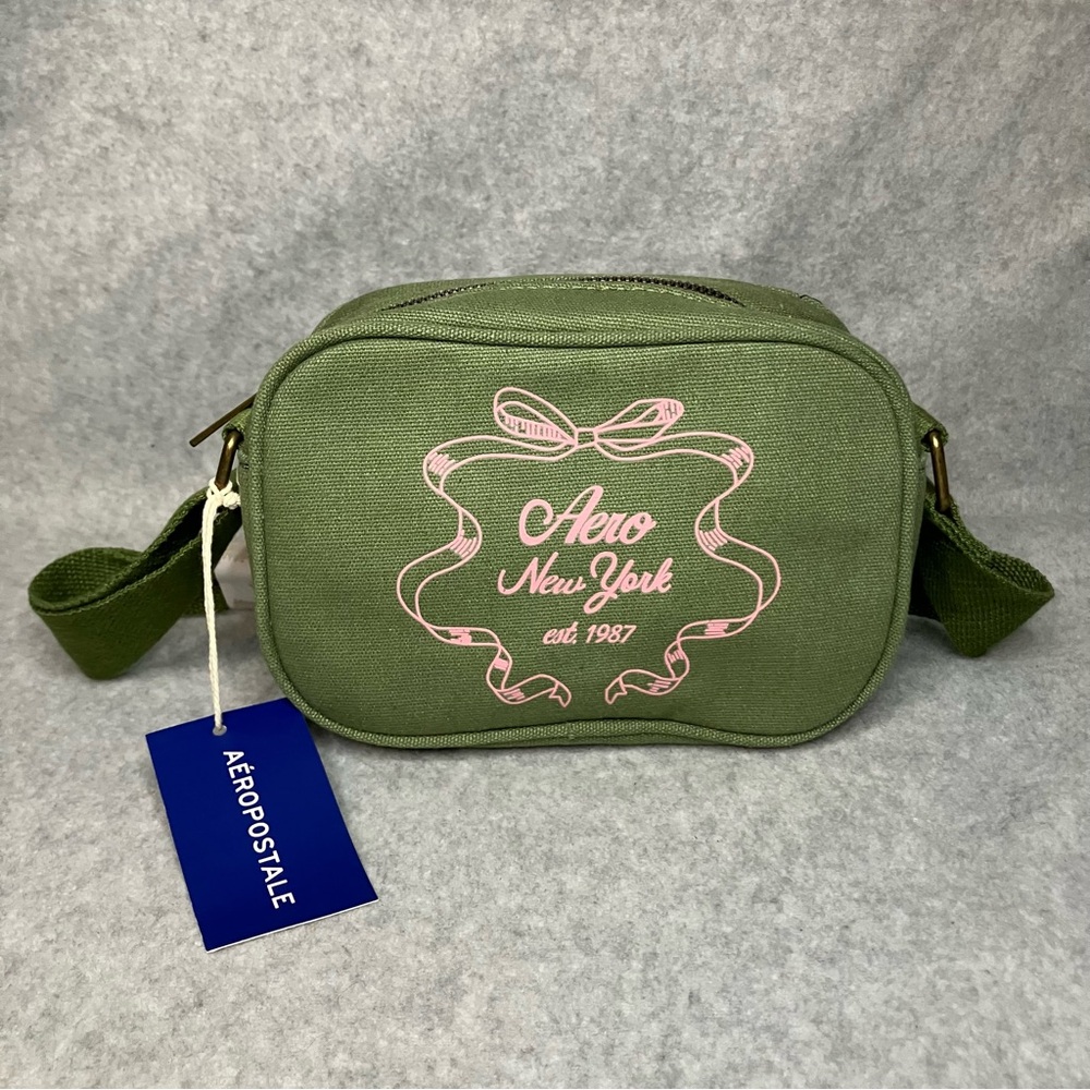 NEW Aeropostale Small Olive Green Canvas Crossbody Bag Pink Bow Logo